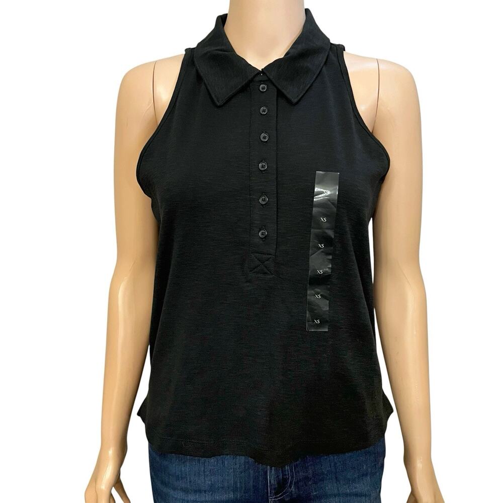 Banana Republic Slub Knit Polo Tank Top XS Black Preppy Minimalist Button Casual
